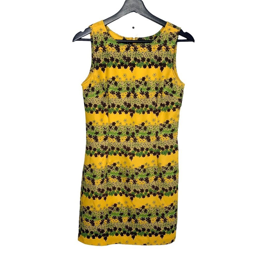 Vintage 90s Guess Yellow Green Floral Print Sleeveless Sheath Mini Dress Medium